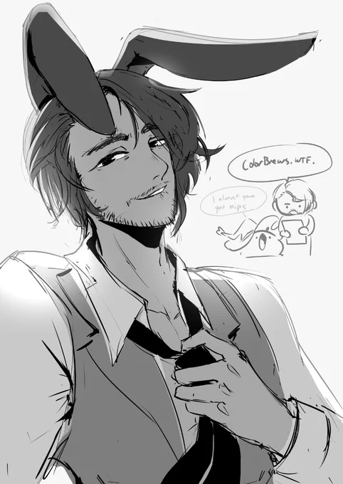Bunny eared ShadyCicada drawn in grayscale in a vest and dress shirt, in the middle of unravelling his tie and looking towards the camera. A small doodle of ColorBrews and Shady in the open space stating 
Shady: "ColorBrews, wtf"
ColorBrews: I almost drew you with nips.

Drawn by ColorBrews