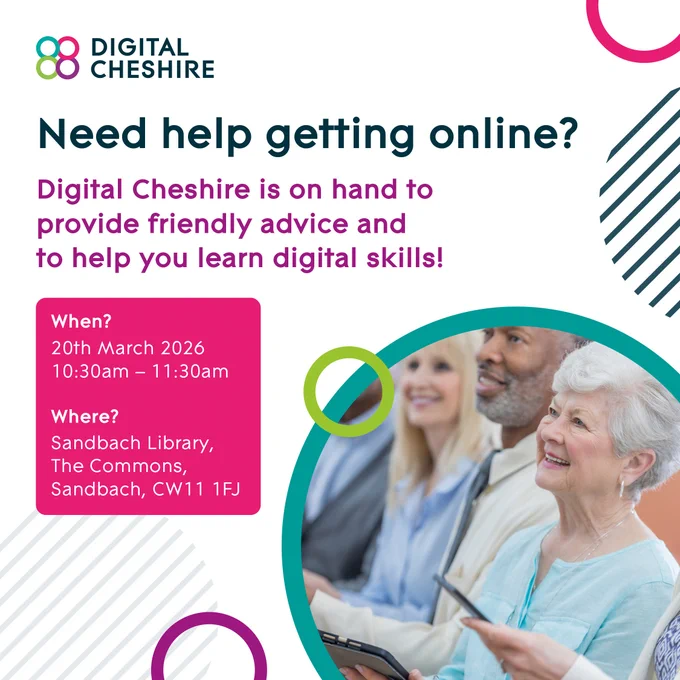 Need help getting online.  Digital Cheshire will be at the Sandbach Library to support 20th March 10.30-11.30.
