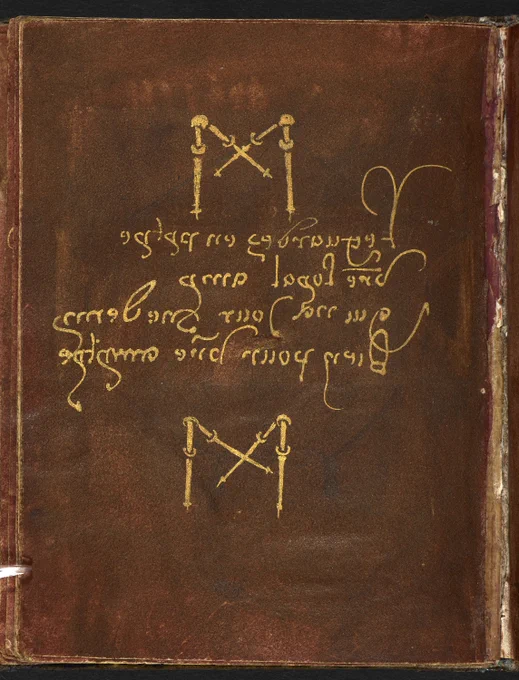 A French inscription in gold, written in mirror writing, which reads, 'Regardez en pyte/ votre loyal amy / qui na Jour ne demy / Bien pour votre amyte' 
