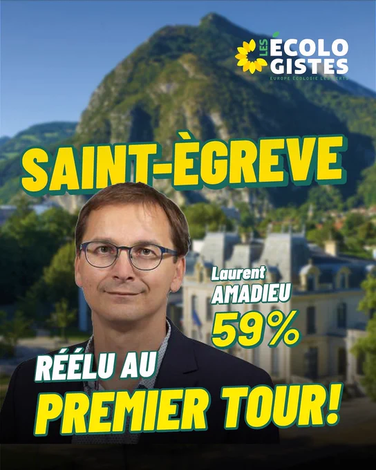 Bonjour! Un dernier post pour célébrer un maire réélu en Isère suite à une demande ⤵️ 

Félicitations à @laurentamadieu, réélu maire de Saint-Égrève ! 🎊

À la tête de la commune depuis 2020, les saint-égrèvois et saint-égrèvoises lui ont renouvelé leur confiance pour poursuivre son engagement et son projet de justice sociale et climatique.

Bravo à lui et à toute son équipe ! 🌻