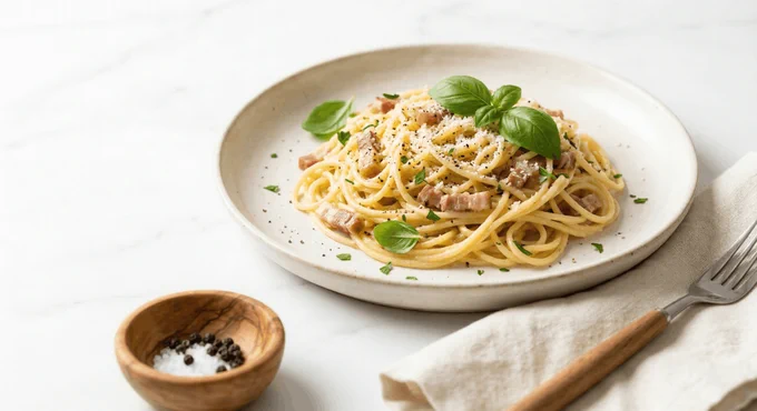 A top-down, slightly angled shot of a gourmet gluten-free spaghetti carbonara on a cream-colored ceramic plate. The pasta is coated in a creamy sauce with crispy pancetta pieces, topped with fresh basil leaves and cracked black pepper. The plate sits on a white marble surface next to a small wooden bowl of salt and peppercorns, a beige linen napkin, and a wooden-handled fork. The lighting is bright and natural.