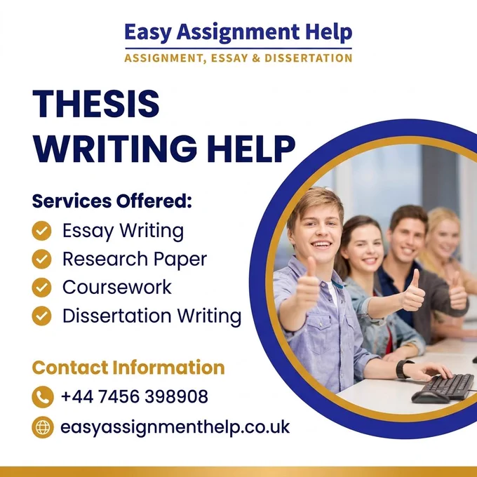 Professional promotional banner for Easy Assignment Help featuring a group of smiling students giving a thumbs up. The design uses a navy blue and gold color theme. Text highlights "Thesis Writing Help" and lists services: Essay Writing, Research Paper, Coursework, and Dissertation Writing. Contact details include the phone number  44 7456 398908 and the website easyassignmenthelp.co.uk.