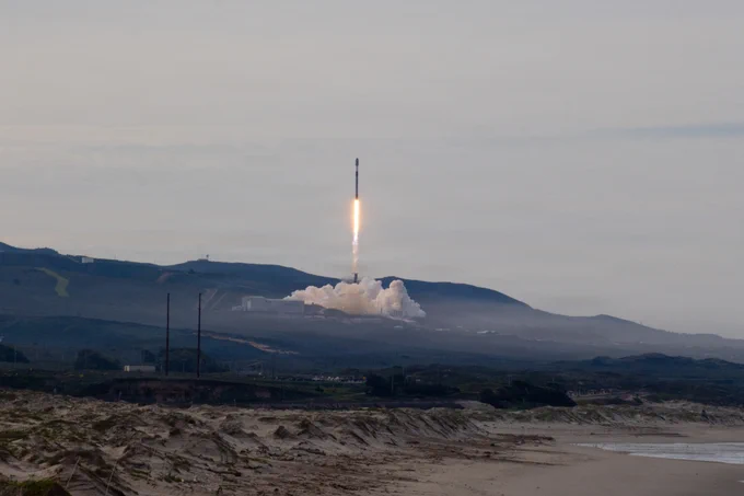 A Falcon 9 rocket carrying the Starlink 17-20 mission launches from Space Launch Complex 4 East at Vandenberg Space Force Base. 