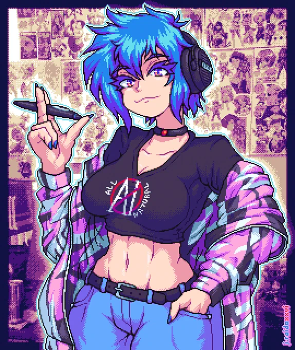 pixel art illustration of a blue-haired woman holding a pen stylus and smiling at the camera, wearing a tight cropped black t-shirt, loose pink jacket, blue jeans, and headphones
