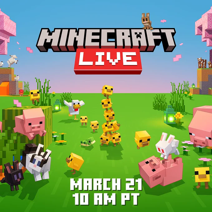 Image of a bunch of baby mobs hanging out in a grassy field. Copy on top of the screen reads Minecraft LIVE. Copy on the bottom of the screen says "March 21 10 AM PT"