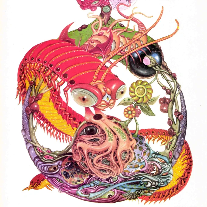 A weird surrealist wreath made out of alien creature parts and centered on a big pink centipede.