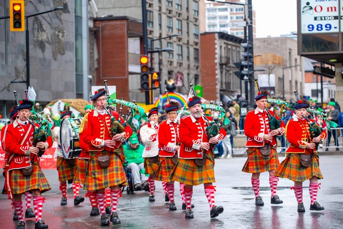 People celebrating the Saint Patrick`s Day Parade in Montreal downtown 