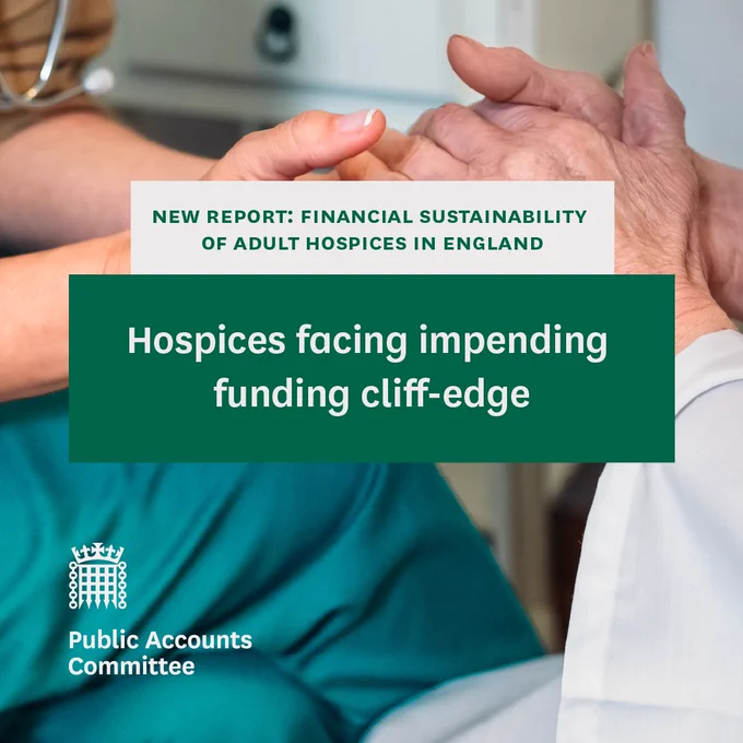 New report: Financial sustainability of adult hospices in England. Hospices facing impending cliff-edge. Public Accounts Committee. A photo of hands.
