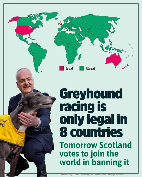 Greyhound racing is only legal in 8 countries. Tomorrow Scotland votes to join the world in banning it. A map shows that it's legal in the US, Australian, New Zealand, England, Wales, Northern Ireland and Scotland.
