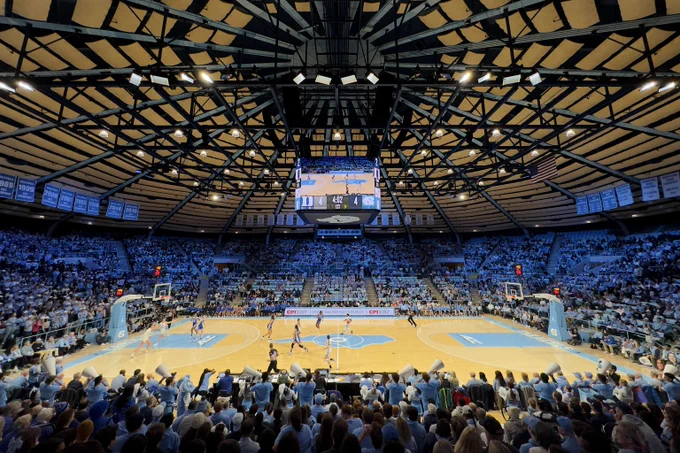 A wide-angle interior view of Carmichael Arena at UNC-Chapel Hill during a basketball game, with the stands packed with fans dressed in Carolina Blue. The hardwood court and overhead scoreboard are visible at center, with championship banners lining the upper walls beneath the arena's distinctive steel-truss ceiling.