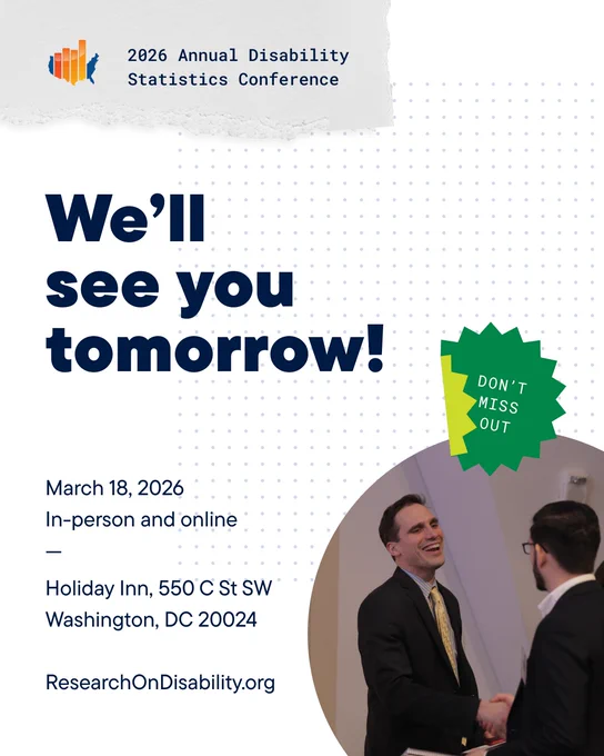 Announcement for the 2026 Annual Disability Statistics Conference happening March 18, both in-person and online.