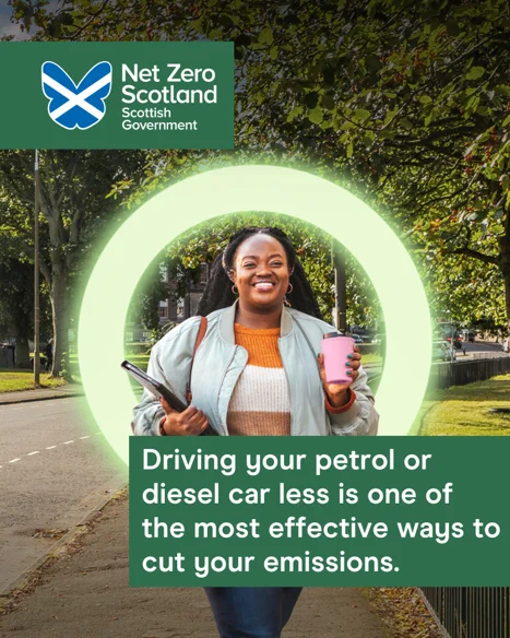 Image of woman walking down street. Text on graphic reads "driving your petrol or diesel car less is one of the most effective ways to cut your emissions".
