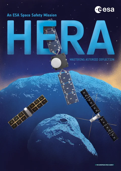 Stylised poster for the Hera mission depicting the Hera spacecraft, the two smaller CubeSats that it will deploy, and the two asteroids of the Didymos binary asteroid system.