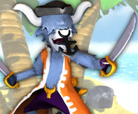 Bovy Jones from Bullion: The Curse of the Cut-Throat Cattle
A 3D cartoon character, depicting a humanoid highland bull. He has blue hair on his head, arms and torso. He is wearing a long orange coat, purple shorts, a black tricorne hat and is wielding 2 cutlasses. His long hair covers his eyes, and he is wearing a small anchor as a nose-ring. 
