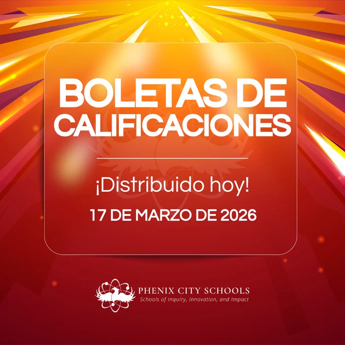 Bright orange and red background announcing report cards distributed today, March 17, 2026, from Phenix City Schools.
