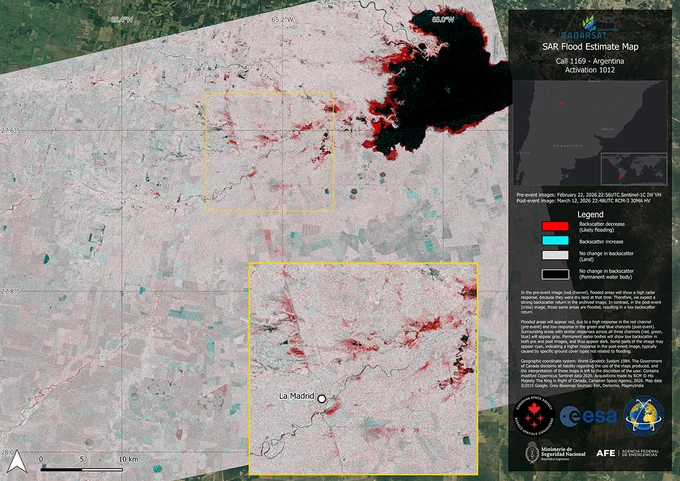 Flood map of southern Tucuman. The map uses radar data from Sentinel-1 and the RCM satellites to estimate flooded areas on 12 March.
