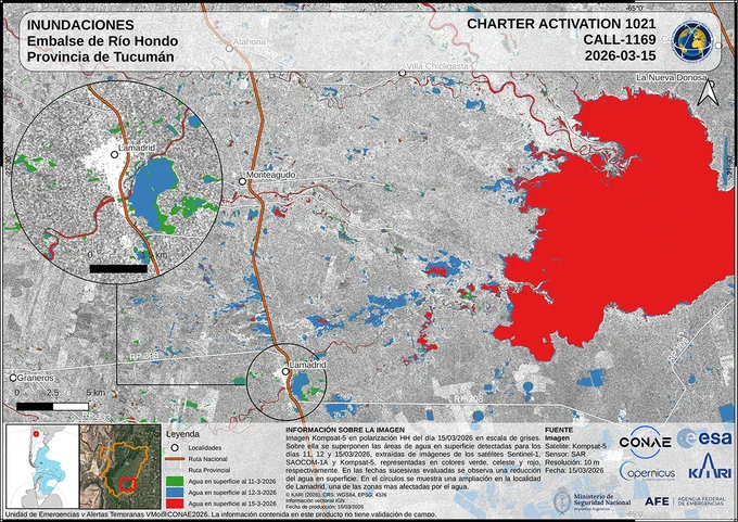 Flood map of Tucuman. The map uses data from SAOCOM, Sentinel-1, and KOMPSAT-5 to estimate flooded areas on 15 March.