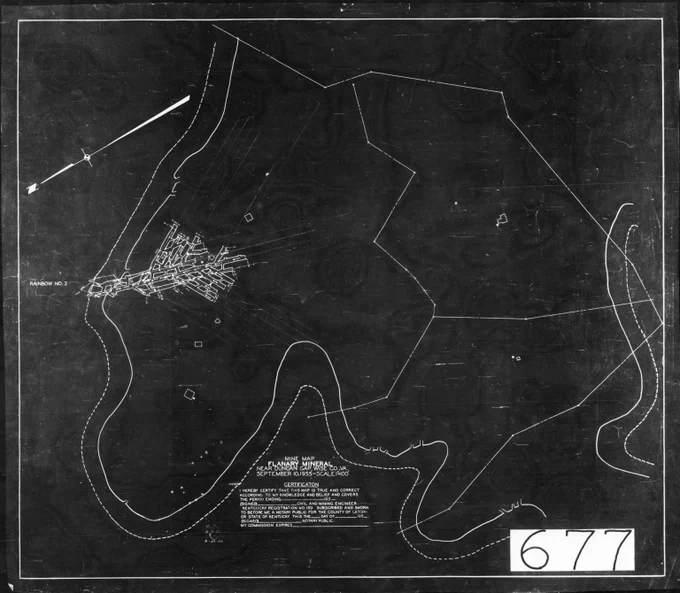 Black and white map showing the layout of Flanders Mineral Mining Company with winding river boundaries and detailed mining structures.