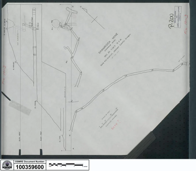 Technical drawing of Shamrock Mine showing detailed track layout and measurements on a blueprint sheet.