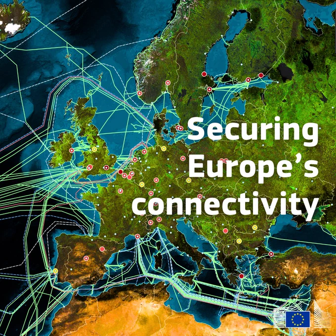 Map of Europe showing a network of subsea and land connectivity routes linking countries across the continent and surrounding seas. Text reads: “Securing Europe’s connectivity.” The European Commission logo appears in the bottom right corner.