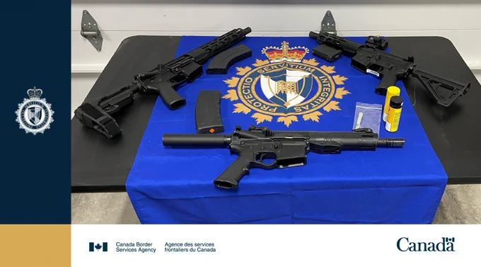 Assault-style firearms and magazines seized at the CBSA Cornwall port of entry on March 3, 2026.
