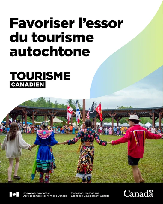 Groupe d’Autochtones en habit traditionnel qui forme un cercle en se tenant par la main. 
Texte : Favoriser l’essor du tourisme autochtone.