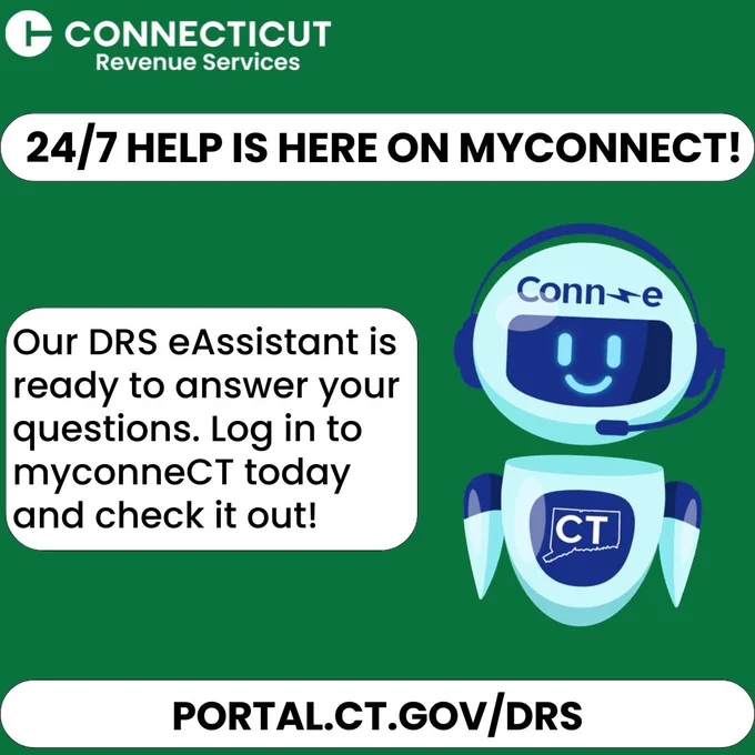 Green background with eAssistant robot promoting 24/7 help on the DRS myconneCT free filing service.