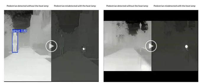 images from the experiments in her lab showing a thermal camera system being tricked by the presence of heat lamps.
