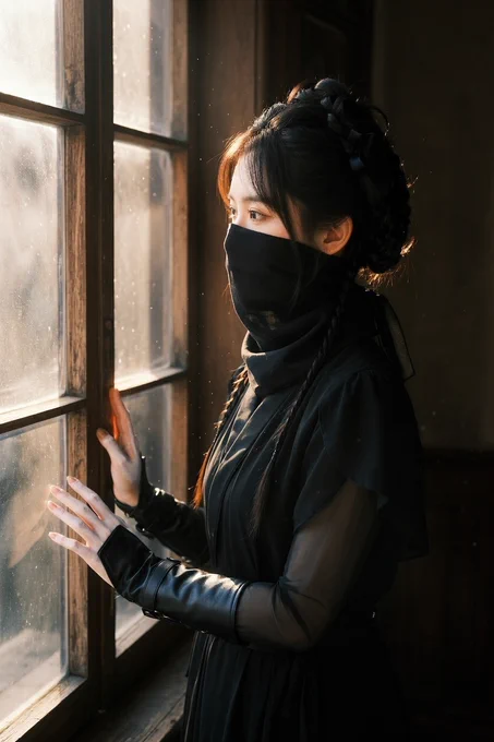 create cinematic portrait of the subject of the given photo standing beside an old window in a dark room, dramatic rays of sunlight streaming through the window, visible dust particles floating in the air, soft golden backlight illuminating his hair and face, side profile, moody atmosphere, volumetric lighting, high contrast, warm tones, shallow depth of field, film photography style, ultra realistic, 50mm lens, natural light, soft shadows, masterpiece, 8k