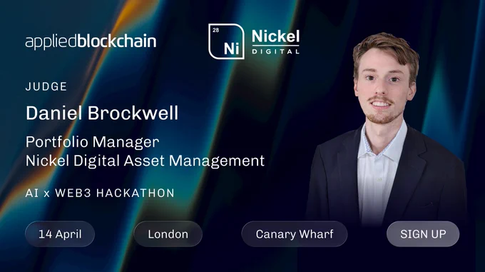 Applied Blockchain is excited to announce Daniel Brockwell from @NickelDigital, will be joining the judging panel at our AI x Web3 Hackathon.
