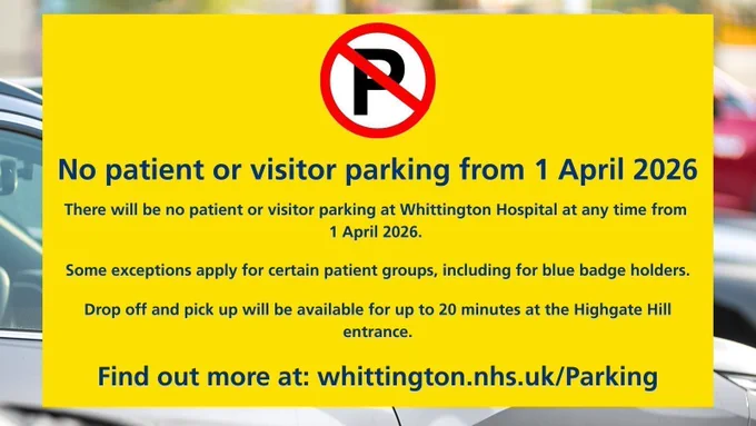 From 1 April 2026, parking on the Whittington Hospital site will change.

Patient and visitor parking on site will no longer be available, except for blue badge holders and specific national exemption groups, including parents of children staying overnight and some frequent outpatient attenders.

Drop off and pick up will still be available for up to 20 minutes.

We are making this change because we are losing around 40 percent of our parking spaces due to redevelopment on land next to the hospital. We are not able to replace these spaces locally.

We understand this will be disappointing for some people. Full details about who can still park and how to arrange this are available on our website.