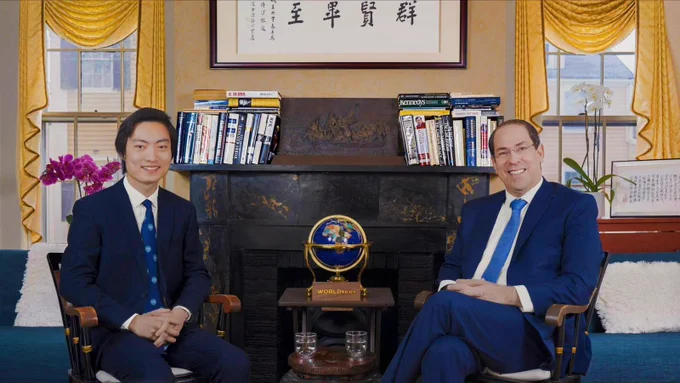 Podcast host Hansong Li with Dr. Youssef Chahed, former Prime Minister of Tunisia.