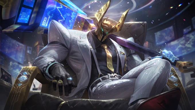 Prestige Money Miser Mordekaiser sits back in a golden chair with diamond accents. His golden helmet shines alongside a flashy silver suit and multiple rings. His left hand, now completely crystal, holds a golden hammer that features screen displays highlighting the stock market.