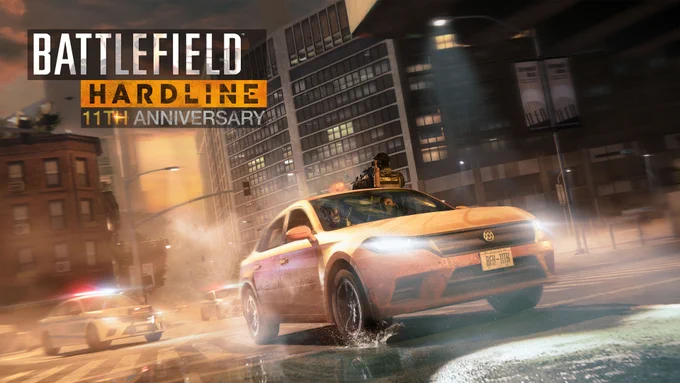 Battlefield 6 Hardline anniversary artwork showing an orange muscle car speeding through a city while being chased by police vehicles.