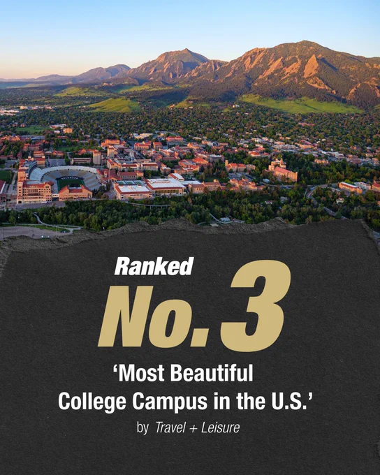 Scenic aerial view of CU Boulder campus surrounded by mountains. Text overlay reads, "Ranked No. 3 'Most Beautiful College Campus in the U.S.' by Travel   Leisure.