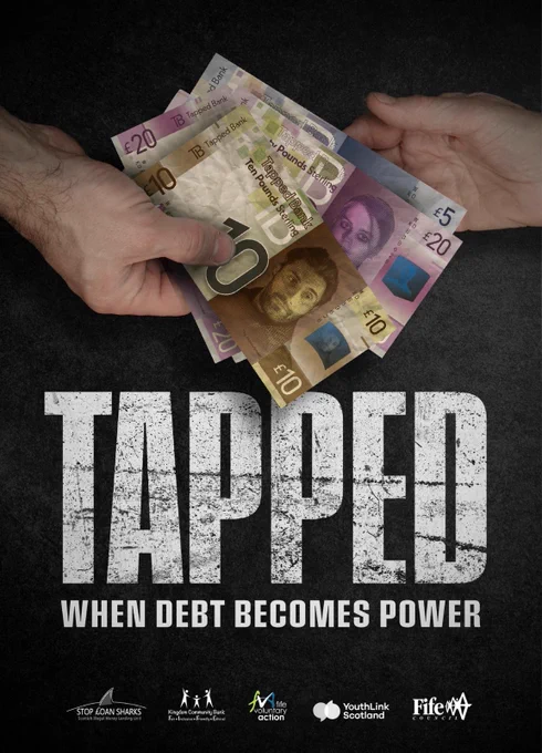 A black poster with the word tapped in white writing. Picture of one hand giving and one hand receiving a number of bank notes