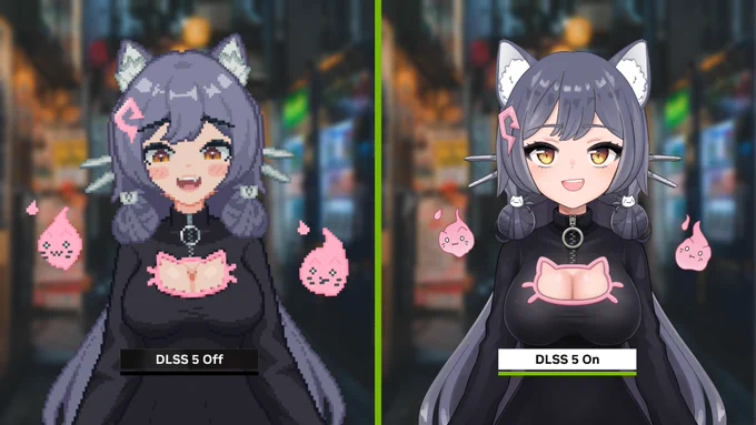 On the left is the pixel-art model of the VTuber Oida-sama with DLSS 5 turned off. On the right is a standard, non-pixelated illustration style with DLSS 5 enabled.