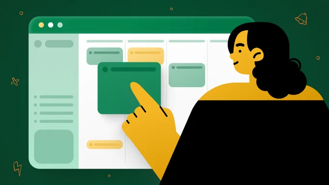 Illustration of a person interacting with a digital calendar interface, selecting and organizing tasks on a screen.