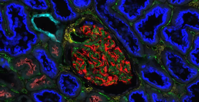 CODEX image of a kidney pi slice

Red - podocytes, green - endothelial cells, yellow - smooth muscle cels and arterioles, cyan - thick ascending limb tubules, blue - proximal tubules, brown - distal convoluted tubules
