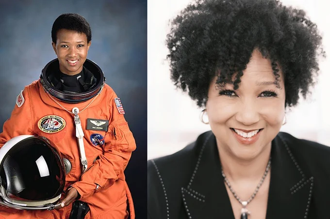 Two images placed side-by-side. On the left, a black woman with short hair is wearing an orange NASA space suit while holding the helmet. On the right, a portrait of the same woman, many years later, wearing a black blazer and with longer hair. 