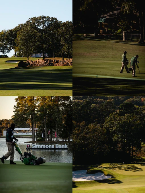 A series of images depicting a golf course, with individuals maintaining the greens. The Simmons Bank logo is visible near a lake. The landscape features lush grass, mature trees, and sand traps, set under a clear sky.