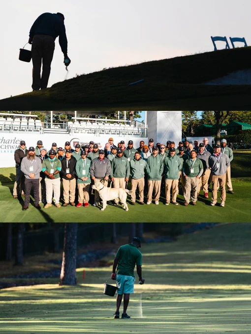Top image: A person rakes a sand trap on a golf course. 2. Middle image: A group of workers in green jackets stand on a golf course next to an assistance dog, with a Charles Schwab sign in the background. 3. Bottom image: A person sprays the grass on a golf course.