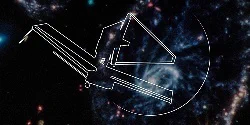 Line drawing of JWST on a background of the Cartwheel Galaxy observed by JWST using MIRI.
