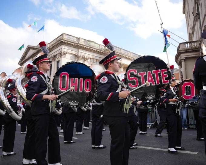 Two Ohio State bass drums performing in Dublin