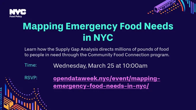 Promotional graphic for 'Mapping Emergency Food Needs in NYC' event on March 25 at 10:00 am with details about the session and how to register.