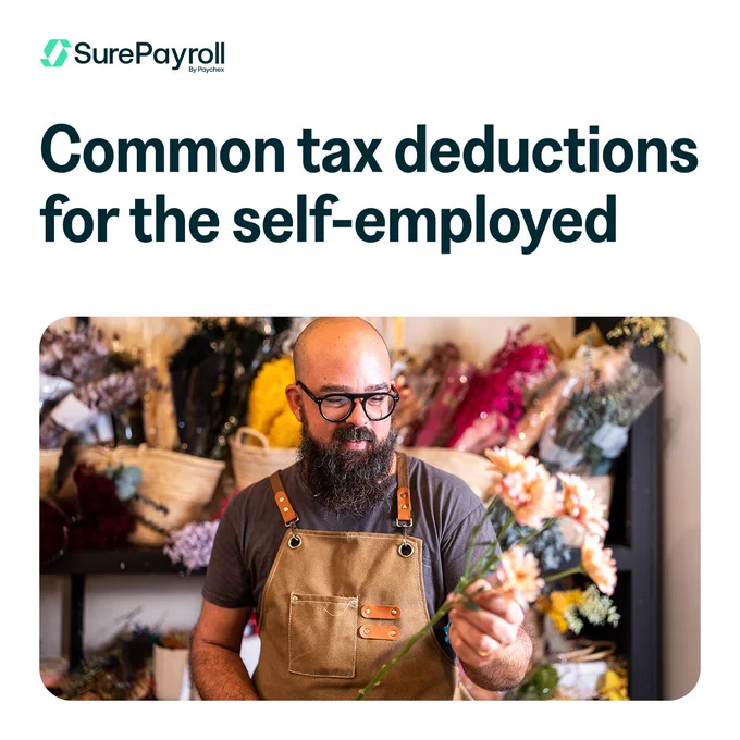 A small business owner in an apron arranges flowers in a shop. The SurePayroll logo is in the top left corner. Text reads: "Common tax deductions for the self-employed."