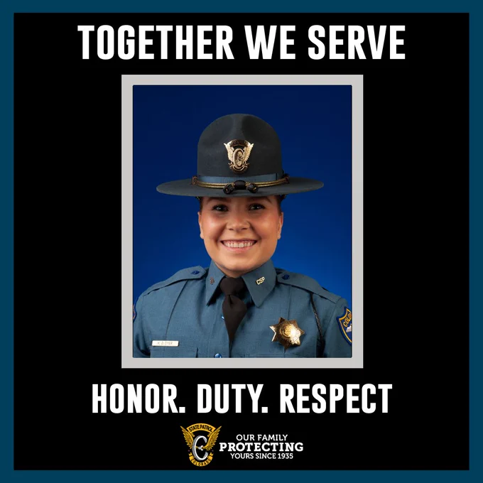 A smiling female trooper in uniform against a blue background. She wears a campaign hat and badge, centered within a white border on a black backdrop. Large text above reads, "together we serve," and below reads "honor. duty. respect. A Colorado State Patrol emblem is below that text with text to the right that reads, "our family protecting yours since 1935."
