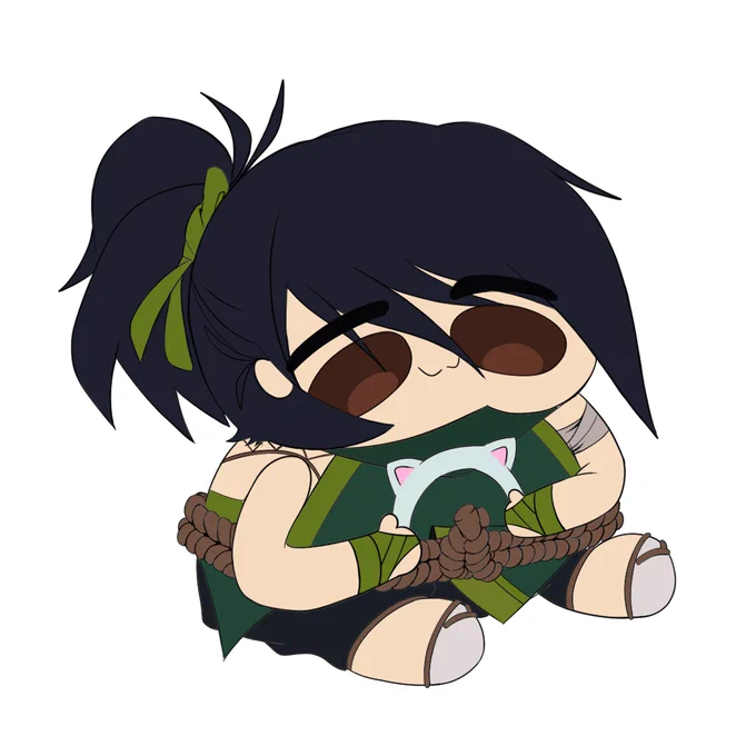Chibi-style illustration of Akali sitting with her hands tied, looking slightly unsure while holding a pair of cat ears. The pose is small and reserved, setting up the start of a humorous transformation.