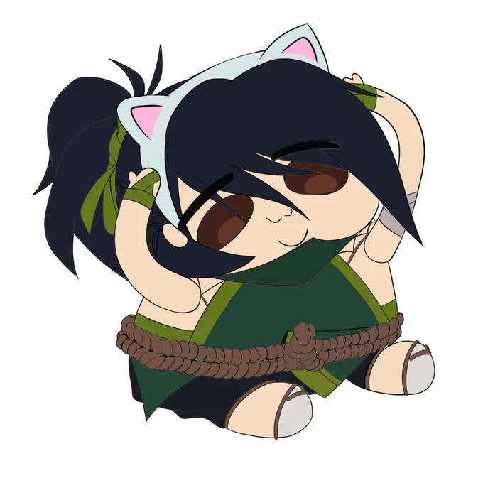 Chibi-style Akali now wearing cat ears, tilting her head and raising her arms in a playful, cat-like pose. Her expression becomes more confident and cute as the transformation begins.