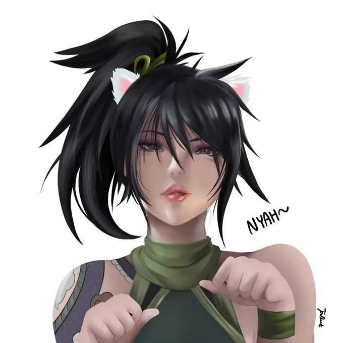 More detailed anime-style illustration of Akali wearing cat ears, shown from the waist up in a playful pose with her hands raised like paws. She has a confident and slightly teasing expression, completing the cute transformation from the earlier panels.